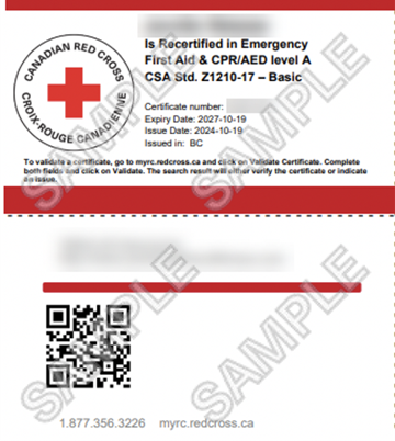 Canadian Red Cross Emergency First Aid & CPR/AED level A Recertified certificate