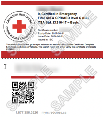 Canadian Red Cross Emergency First Aid & CPR/AED level C (Blended) certificate