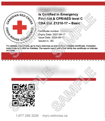 Canadian Red Cross Emergency First Aid & CPR/AED level C Basic certificate