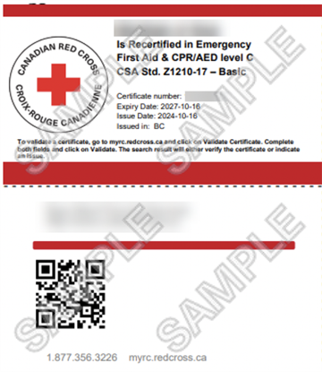 Canadian Red Cross Emergency First Aid & CPR/AED level C Recertified certificate