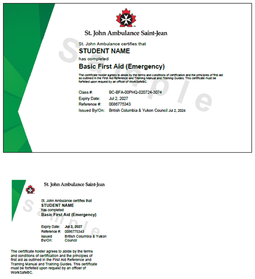 Image of sample St.  John Ambulance Basic First Aid (Emergency) certificate