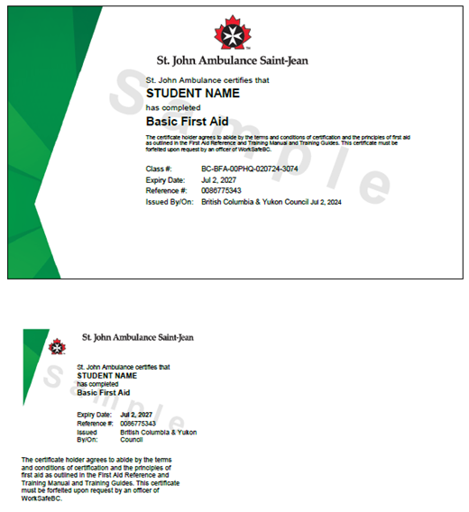 Image of sample St.  John Ambulance Basic First Aid certificate