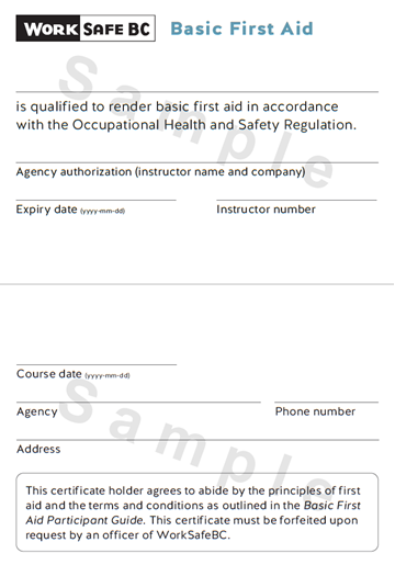 Image of sample WorkSafeBC Basic First Aid certificate