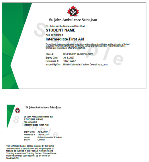 Image of St. John Ambulance Intermediate First Aid sample certificate