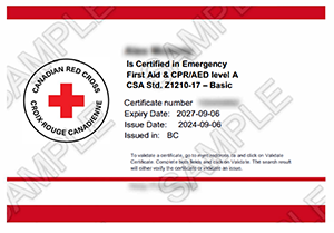 Image of certificate Canadian Red Cross Emergency First Aid & CPR/AED level A