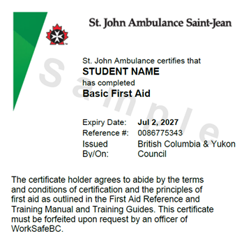 Image of St.  John Ambulance Basic First Aid sample certificate