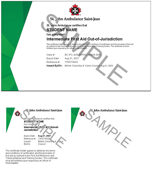 Image of certificate for St. John Ambulance Intermediate First Aid Out-Of-Jurisdiction