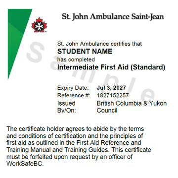 Image of St. John Ambulance Intermediate First Aid (Standard) sample certificate