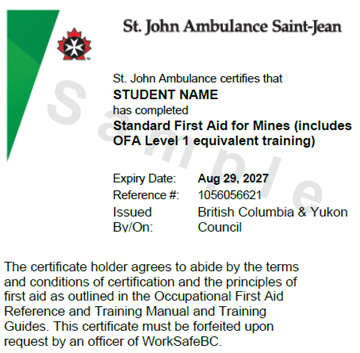 Image of St.  John Ambulance Standard First Aid for Mines sample digital certificate