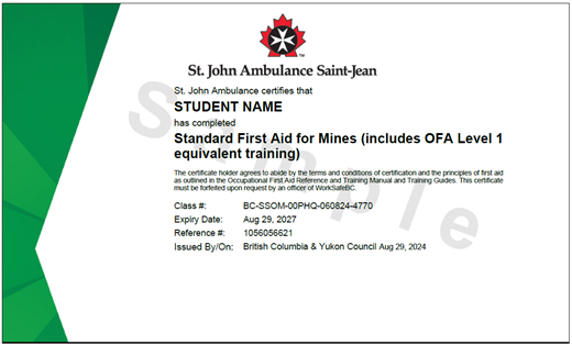 Image of St.  John Ambulance Standard First Aid for Mines sample printed certificate