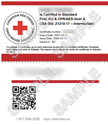 Front and back of Canadian Red Cross - Standard First Aid & CPR/AED level A CSA Std. Z1210-17 - Intermediate certificate