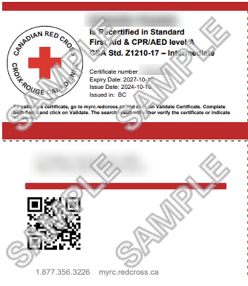 Front and back of Canadian Red Cross - Recertification - Standard First Aid & CPR/AED level A CSA Std. Z1210-17 - Intermediate certificate