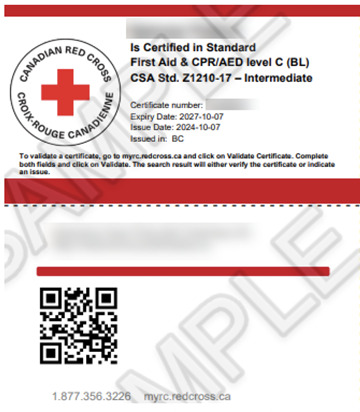 Front and back of Canadian Red Cross - Standard First Aid & CPR/AED level C (BL) CSA Std. Z1210-17 - Intermediate certificate