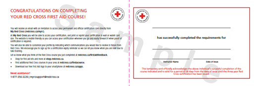 Canadian Red Cross First Aid Course Temporary Certificate