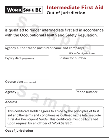 Image of WorkSafeBC Intermediate First Aid out-of-jurisdiction certificate