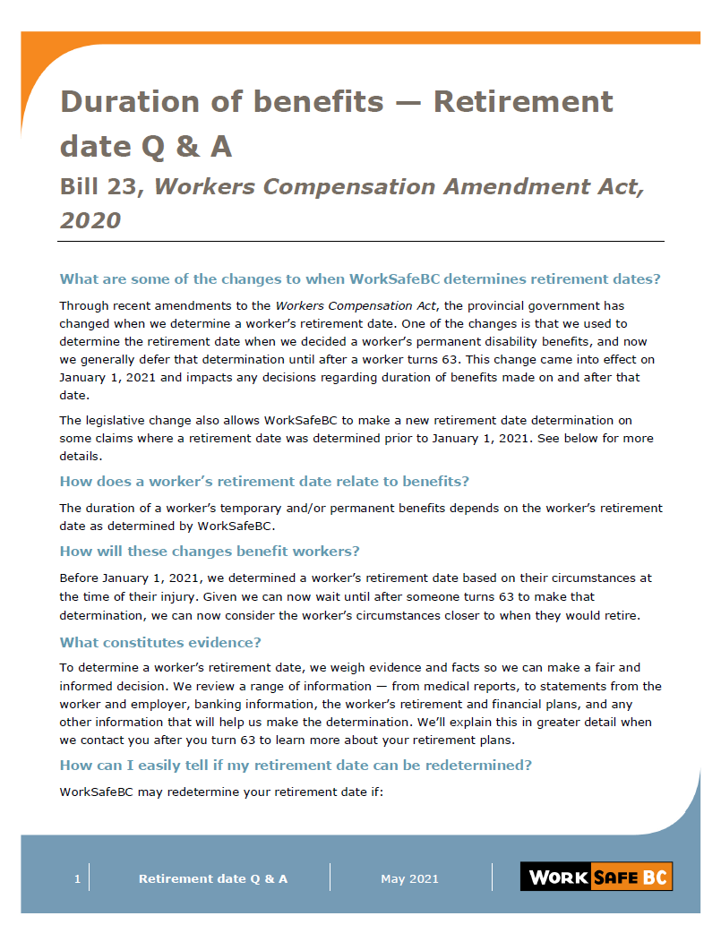 Duration Of Benefits Retirement Date Q A Worksafebc