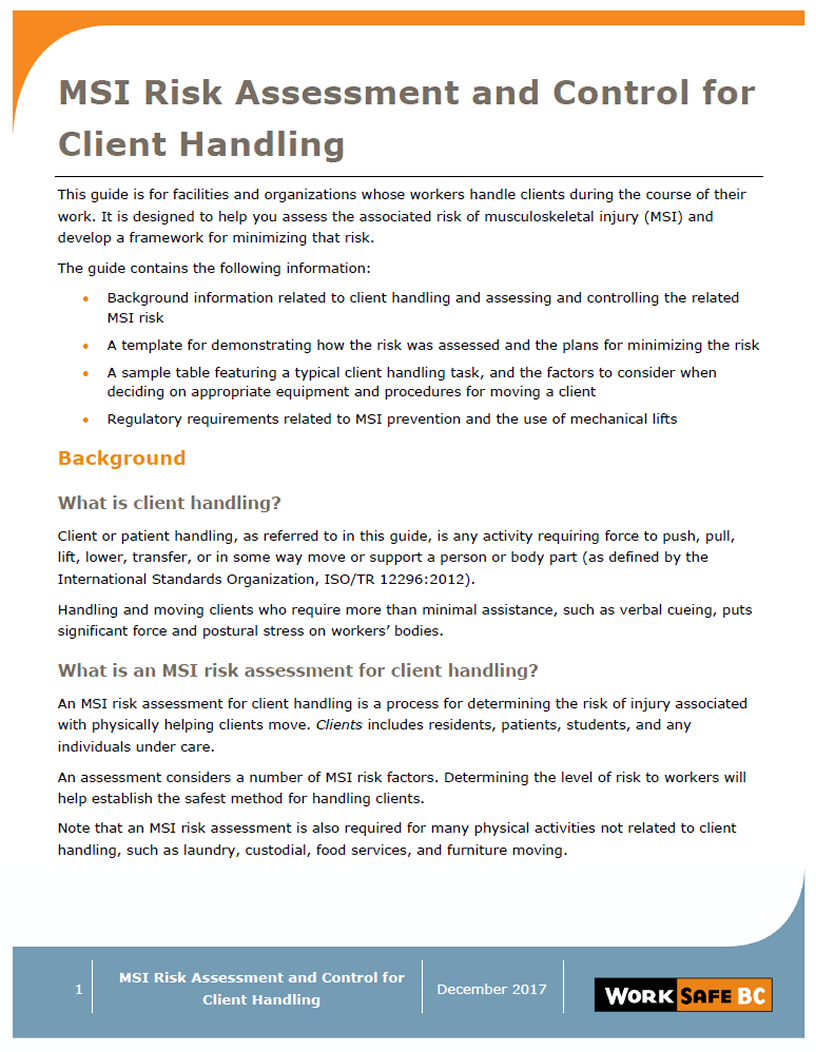 assessment risk client handling worksafebc msi control patient safety health musculoskeletal framework injury organizations whose facilities workers clients handle during