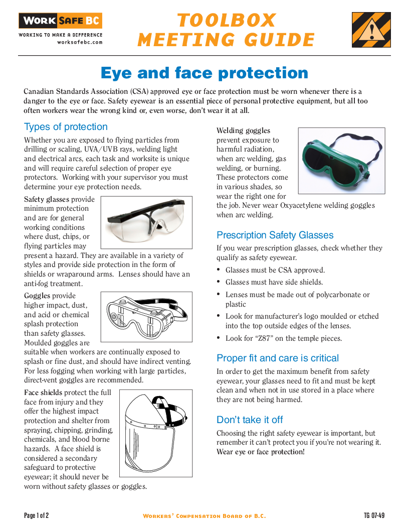 Eye & face protection WorkSafeBC